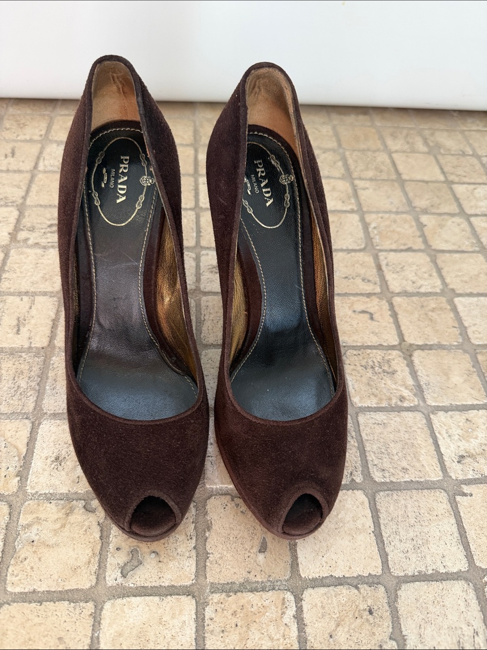 Prada Brown Suede Peep-Toe Pumps